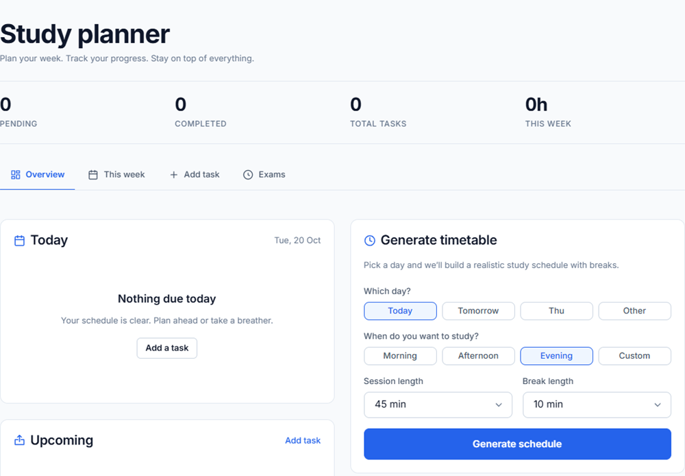 Lumo study planner interface